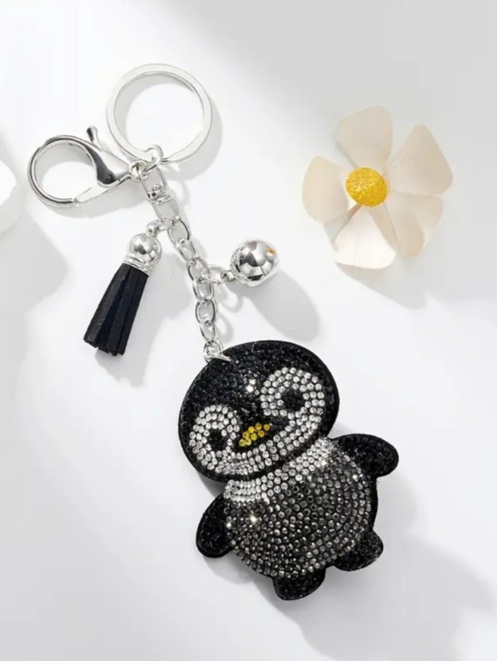 Bling Penguin Crystal Rhinestone Keychain Bag Charm With Black Tassel
